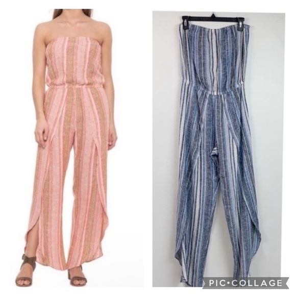 Anthropologie DREW linen Emerson striped strapless pull on split leg jumpsuit - Picture 1 of 12
